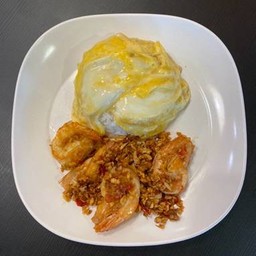 Stir-Fried Shrimp With Chili And Salt Served With Rice And Lava Egg