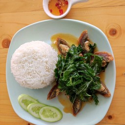 ไข่เยี่ยวม้ากระเพรากรอบราดข้าว