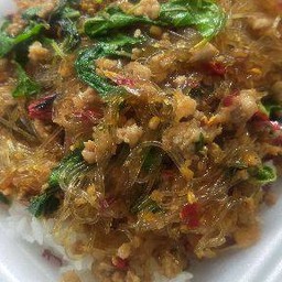 กระเพราวุ้นเส้นหมูสับราดข้าว