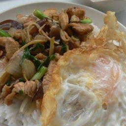 ไก่ผัดขิงราดข้าว+ไข่ดาว