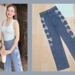 กางเกงยีนส์เอวสูงแต่งโบว์ Sใส่สบาย Mรัดรูป