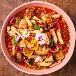 Spicy salad with Grilled baby octopus, grilled squid eggs and grilled cuttlefish
