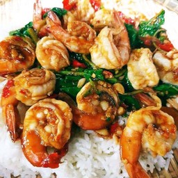 กระเพรากุ้ง ราดข้าว