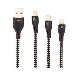 TECHPRO 3-in-1 USB-A to USB-C Micro Lightning Cable 3A Charrger & DATA SYNC 1M. Black White