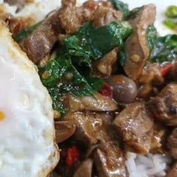 ข้าวกระเพราเครื่องในไก่ + ไข่ดาว