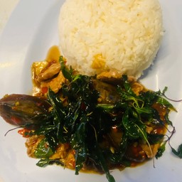 ข้าวราดกะเพราไข่เยี่ยวม้าหมูสับ(กะเพรากรอบ)
