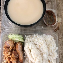 คอหมูทอดกระเทียมราดข้าว+ไข่ตุ๋น