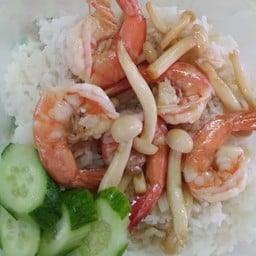 Rice Topped With Stir-Fried Mushrooms And Shrimp
