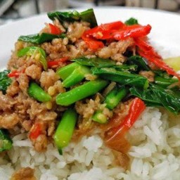 คะน้าหมูสับราดข้าว+ฟรีไข่ดาว
