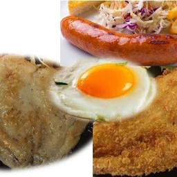 สเต็กไก่+สเต็กปลาดอลลี่ย่างหรือปลาดอลลี่ทอด+ไส้กรอก+ใข่ดาว+โค้กโอ่ง
