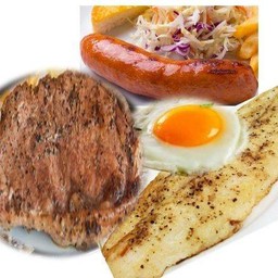 สเต็กปลาดอลลี่ย่างหรือปลาดอลลี่ทอด+สเต็กเนื้อ+ไส้กรอก+ไข่ดาว+โค้กโอ่ง