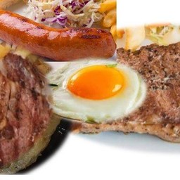 สเต็กเนื้อ+เนื้อริบอาย+ไส้กรอก+ไข่ดาว+โค้กโอ่ง