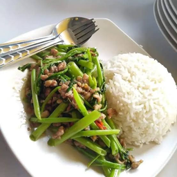 ผักบุ้งหมูสับราดข้าว
