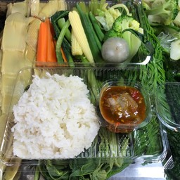 น้ำพริกแจ่วปลาร้า+ผักต้ม+ข้าวหอมมะลิ
