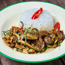 ข้าวคั่วกลิ้งปลาหมึก