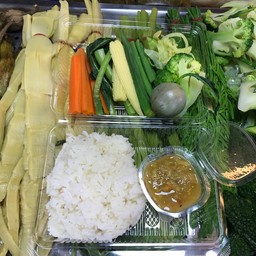 น้ำพริกปลาทูปลาร้าแมงดา+ผักต้ม+ข้าวหอมมะลิ