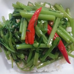 ผัดผักบุ้งราดข้าว