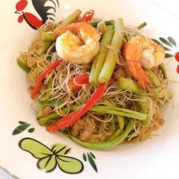 เส้นหมี่ผัดกระเฉด หมูสับ กุ้งสด เล็ก (Small)