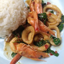 ข้าวกะเพรากุ้ง+ปลาหมึกหั่นวง