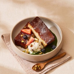 Matcha caramelised toast with macadamia ice cream