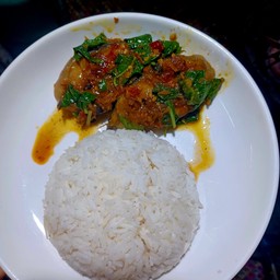 ปลาดุกผัดเผ็ดใบยี่หร่า ราดข้าว