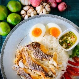 ข้าวปลาแกะ ( ปลาทั้งชิ้น ) + ไข่ต้ม Crispy Fish & Green Mango Rice Bowl