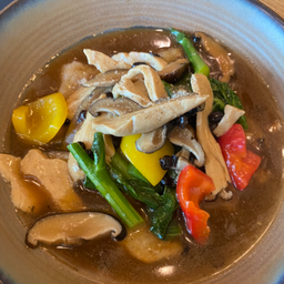 Vegan Wide Rice Noodles in Black Bean Gravy Sauce