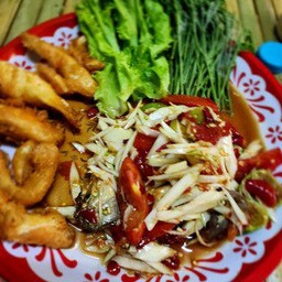 ตำเซตท้องครีบแซลม่อนทอด(ตำปูปลาร้า,ครีบแซลม่อนทอด)