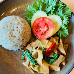 Vegan Stir-Fried Spicy Basil Leaves with Soy Chicken on Rice