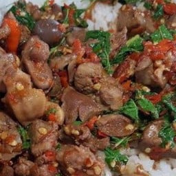 ข้าวราดผัดกระเพราเครื่องในไก่