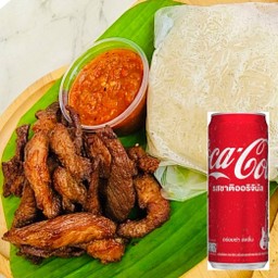 [อร่อยซ่ากับโค้ก] ข้าวสวย + หมูทอดดั้งเดิม น้ำจิ้มแจ่วปลาร้า +  โค้ก ออริจินัล (กระป๋อง)