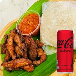 [อร่อยซ่ากับโค้ก] ข้าวสวย + หมูทอดดั้งเดิม น้ำจิ้มแจ่วปลาร้า +  โค้ก ไม่มีน้ำตาล (กระป๋อง)