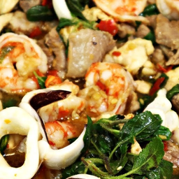 ผัดกระเพราปลาหมึกกุ้งหอย