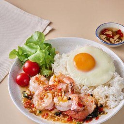Rice With Stir Fried Spicy Shrimp And Fried Egg