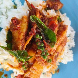 ผัดพริกแกงหมูสามชั้นราดข้าว