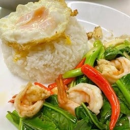 คะน้ากุ้งราดข้าวไข่ดาว