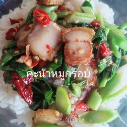 คะน้าหมูกรอบ ราดข้าว.