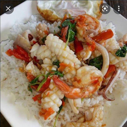 กะเพราทะเล กุ้งหมึกราดข้าว