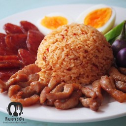 ข้าวน้ำพริกผัดหมู+หมูทอด+ไข่ต้ม+กุนเชียง