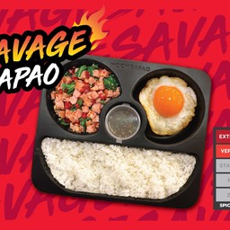 Savage- ข้าวกะเพราเบค่อนรมควันไร้มัน + ไข่ดาวเป็ดลาวา