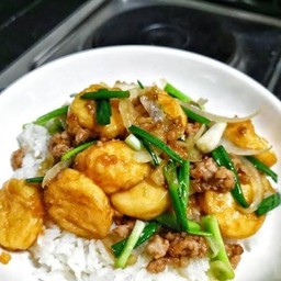 ผัดคื้นฉ่ายเต้าหู้ไข่หมูสับราดข้าว