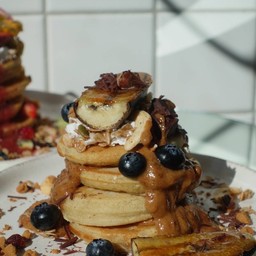 Creme Bruleed Banana and Peanut Butter Pancake Stack