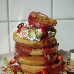 Fruitalicious Stawberry Sauce & Cream Buttered Pancake Stack