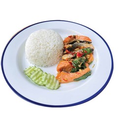 ผัดกะเพราแซลมอนราดข้าว