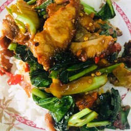 คะน้าหมูกรอบกับข้าว