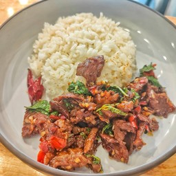 RE3 ข้าวกะเพรา (เบค่อน/เนื้อโคขุน)Pad Krapow Rice (Bacon/Beef)
