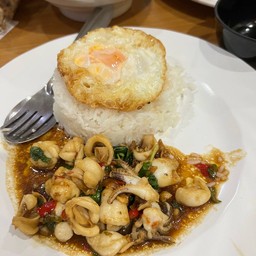 ข้าวกระเพราปลาหมึก ฟรีไข่ดาว