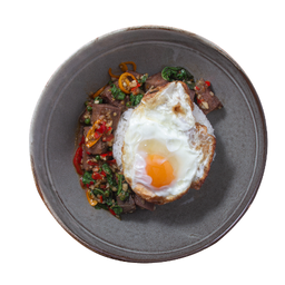 RI - 2 Stir-Fried Hot Basil (Beef Tongue) / ข้าวผัดกะเพราลิ้นวัวไข่ดาวกรอบ