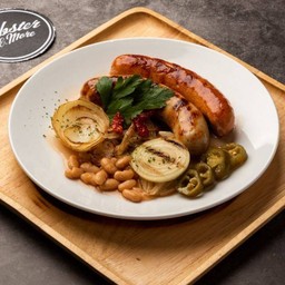 Grilled German Sausage with Onion Baked Beans and Gravy sauce