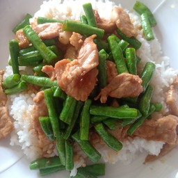 ถั่วผัดหมูน้ำมันหอยราดข้าว